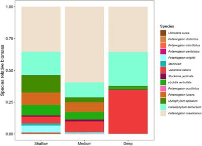 Water depth modulates the species richness–biomass relationship in submerged macrophytes